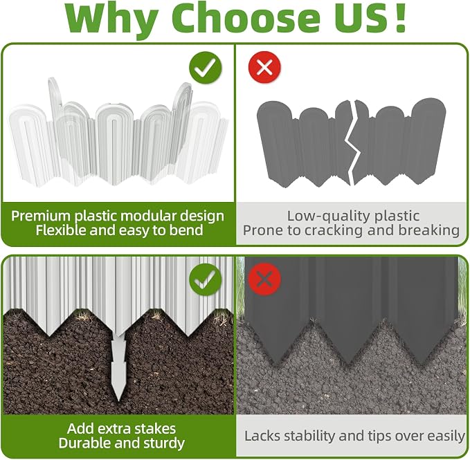 Vashly 20ft Landscape Edging No-Dig, 5.9 Inch Tall Garden Border, Flexible with 20 Stakes, 20 Pack for Flower Beds Lawn Yard Pathway(20, White)