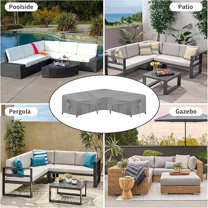 PureFit Outdoor Sectional Sofa Cover Waterproof V Shaped Patio Furniture Covers for Deck, Lawn and Backyard, 100”x100”, Gray