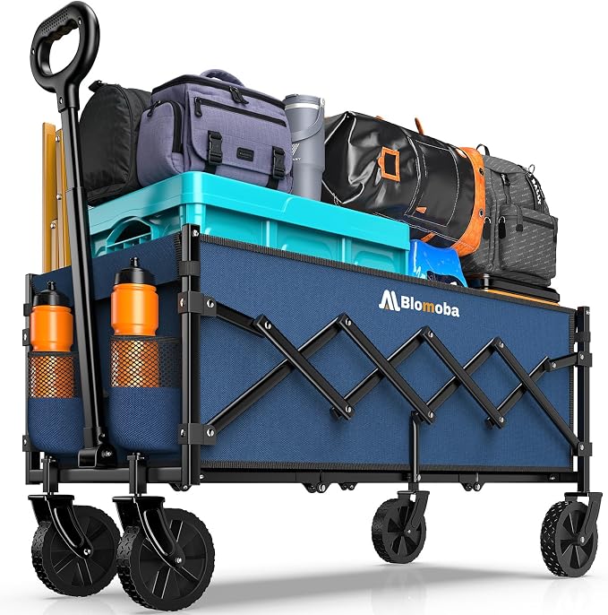 35'' Extra Long Collapsible Wagon with Wheels, 220 LBS Folding Wagon with 360° Swivel Wheels Adjustable Handle, Lightweight Portable Utility Cart for Grocery, Shopping, Garden, Sports, Camping, Blue