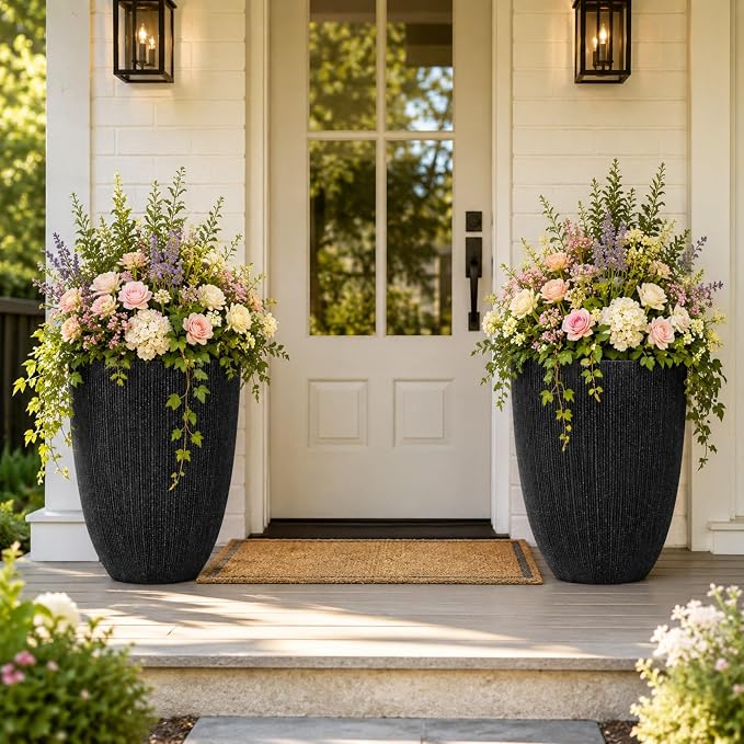 2 Pack 19" Tall Black Fluted Concrete-Look Resin Planters, Large Round UV-Resistant Flower Pots for Indoor Outdoor Plants, Decorative Ribbed Planters for Garden Patio Porch Home Office