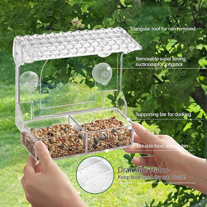 Window Bird Feeder with 4 Extra Strong Suction Cups, Clear Birdfeeders Bird House for Outdoors Window Viewing Outside, Removable Tray Birdhouse