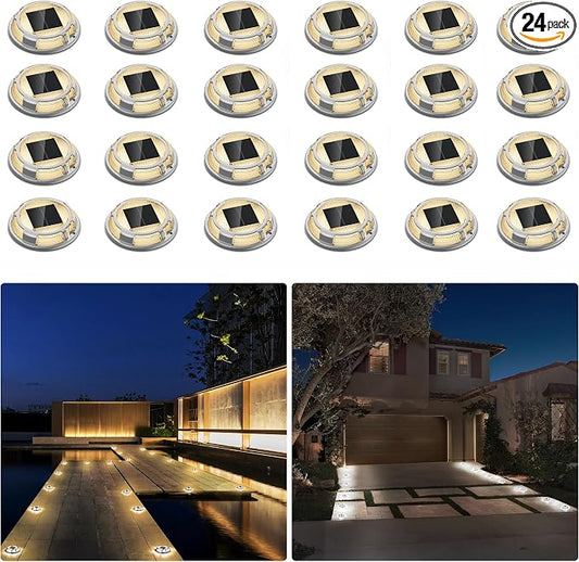 Solar Driveway Lights Dock Lights Waterproof 24 Pack, 2 Colors in 1 Outdoor LED Solar Deck Light, Solar Powered Walk Way Light Road Marker for Stair Pathway Patio