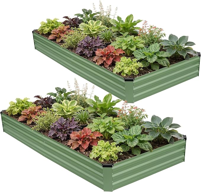 G GOOD GAIN 8x4x1ft Galvanized Raised Garden Bed, Heavy-Duty Metal Planter Boxes Outdoor for Vegetables Flowers Herbs, Olive Green(2 Pack)