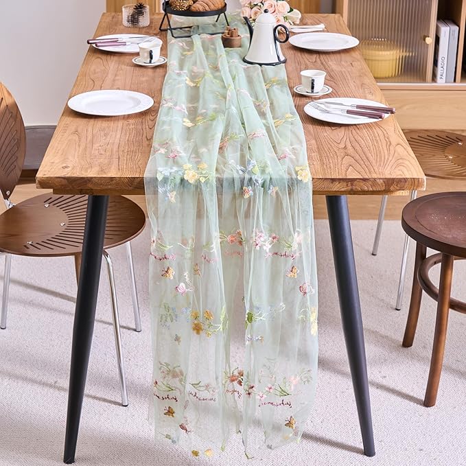 vctops 2 Packs Embroidery Lace Spring Table Runner 10ft Floral Garden Seasonal Tulle Table Runner Holiday Kitchen Dining Table Decoration for Wedding Party Baby Shower Birthday (Sage Green,30"x120")