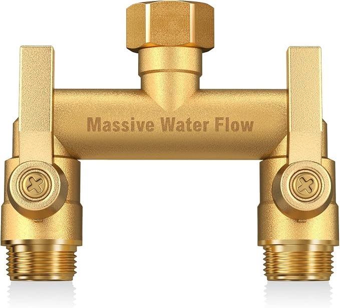 Hose Splitter 2 Way Heavy Duty, Solid Brass Full Flow Outdoor Faucet and Garden Hose Splitters, Water Spigot Splitter T Adapter, All Metal Water Connector with Shut-Off Valve, 3/4 - Inch GHT Thread