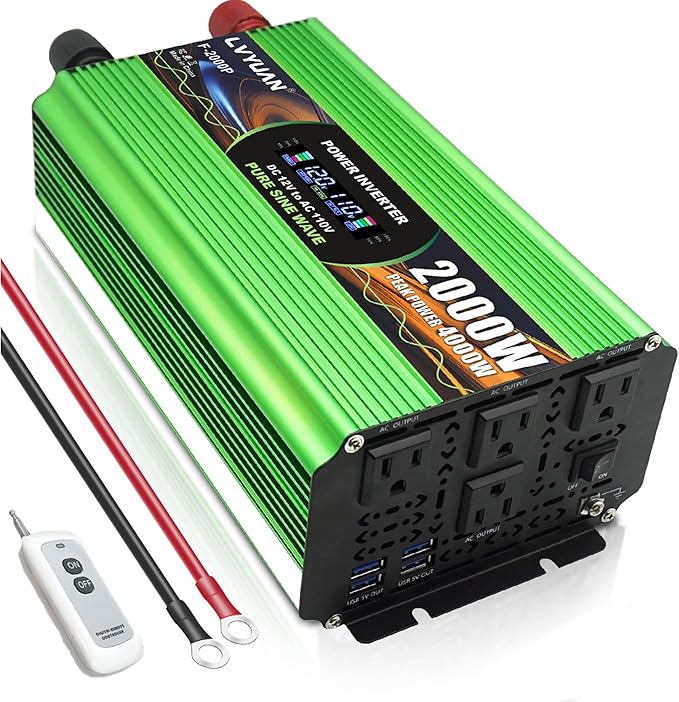 2000 Watt Pure Sine Wave Inverter, DC 12V to 120V AC Power Inverter for Vehicle, RV, Truck, Off-Grid, Car Power Inverter with 4 AC Outlet, 5V/3.1A USB, Remote Control, Surge 4000W