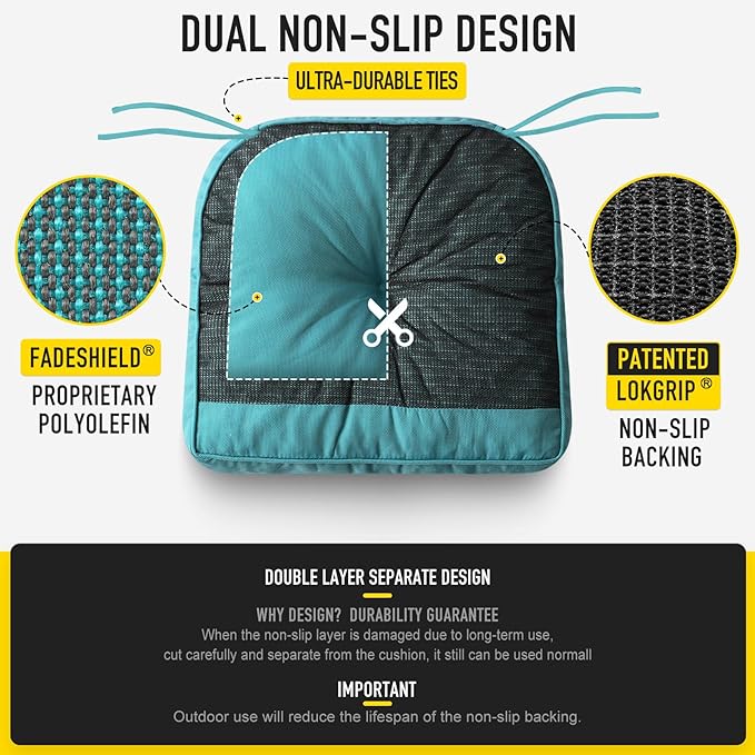 SUNROX Memory Foam Non Slip Rocking Chair Cushion, FadeShield Water Resistant Thicken Durable Tufted Pads, Set of Seat & Back Cushion with Ties for Indoor/Outdoor Rocker, 2 Piece, Turquoise