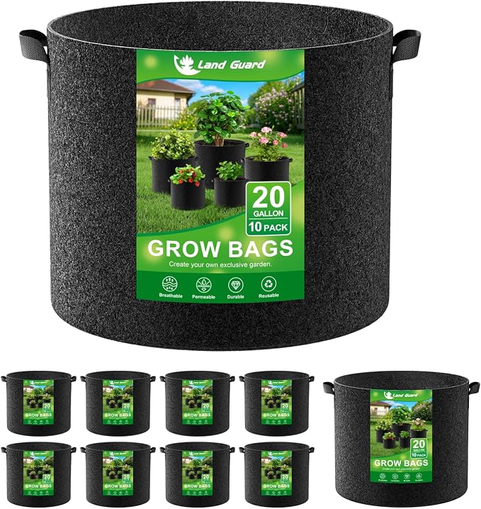 Land Guard 10-Pack Fabric Grow Bags 20 Gallon, Thickened Nonwoven Garden Pots, Growing Bags with Handles, Black