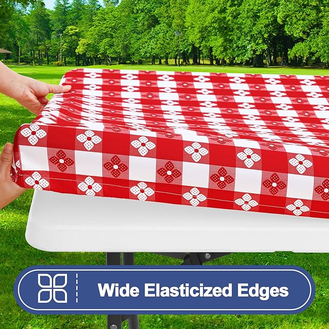 Smiry Picnic Table Cover with Bench Covers, Waterproof Elastic Fitted Tablecloth for 6 Foot Tables, Washable Polyester Tablecloths for Camping, Indoor & Outdoor (Red & White, 30x72 Inch 3-pc Set)