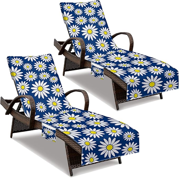Lounge Chair Towel Cover, Beach Chair Cover (Pack of 2), Pool Lounge Chair Covers for Outdoor,Garden, Beach,Sun Lounger,Hotel Pool,Large Size and No Sliding, 85" X 30", Royal Blue Daisy