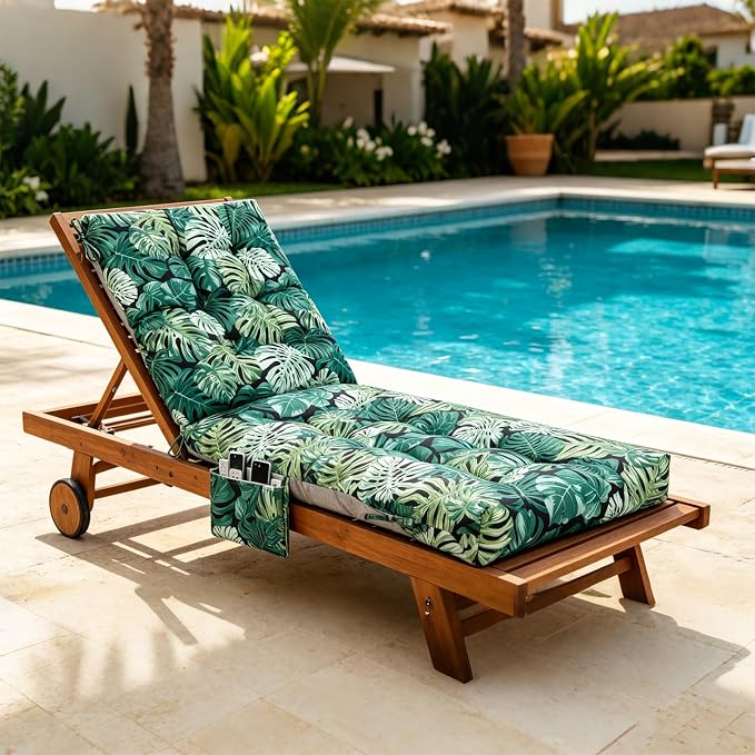 Patio Chaise Lounge Cushions, 68"x21"x4.5" Waterproof Replacement Beach Pool Lawn Outdoor Lounge Chair Cushion with Pocket, Non-Slip Bottom & Secure Ties for Outdoor Furniture, Monstera