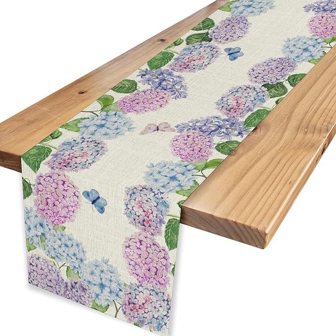 Blue Hydrangea Table Runner, Rustic Country Watercolor Floral Spring Summer Seasonal Flower Butterfly Farmhouse Table Center Decor for Family Kitchen and Dining Party Table Decorations, 13"x72"