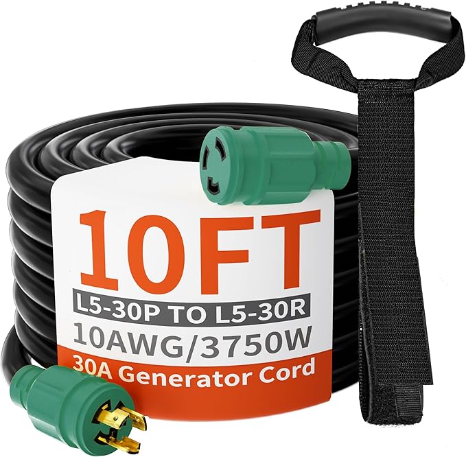 HUANCHAIN 3 Prong 30 Amp Generator Cord 10 Feet Heavy Duty,NEMA L5-30P/L5-30R 10 Gauge 125V SJTW Green Lock Generator Extension Cord Waterproof, ETL Listed