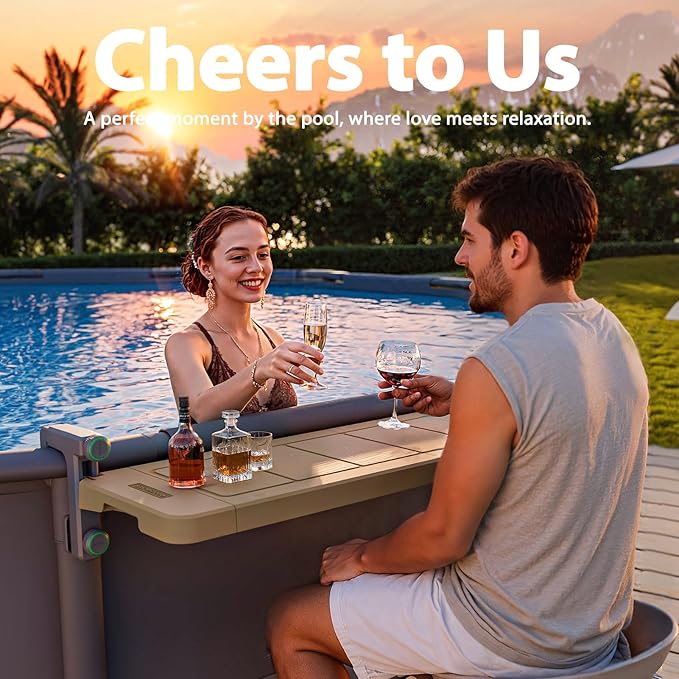 POOLHACKER Poolside Bar, [Original] Swim Up Bar Exclusively for Above-Ground Round Pools. Patio Poolside Table Smart Fold Easy Maintenance, Weather Resistant Stable Tabletop (Amber Brown)