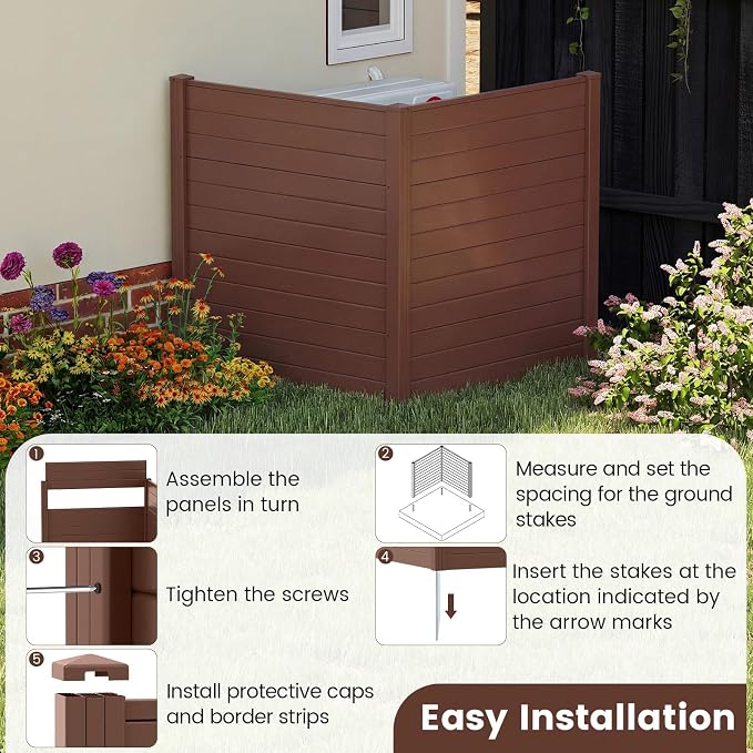 Happygrill Air Conditioner Fence 2 Panels, 48''L x 48''H Outdoor Privacy Screen w/Metal Ground Stakes, Freestanding PVC Pool Equipment Enclosure, Decorative Garden Fences for Patio AC Unit, Brown