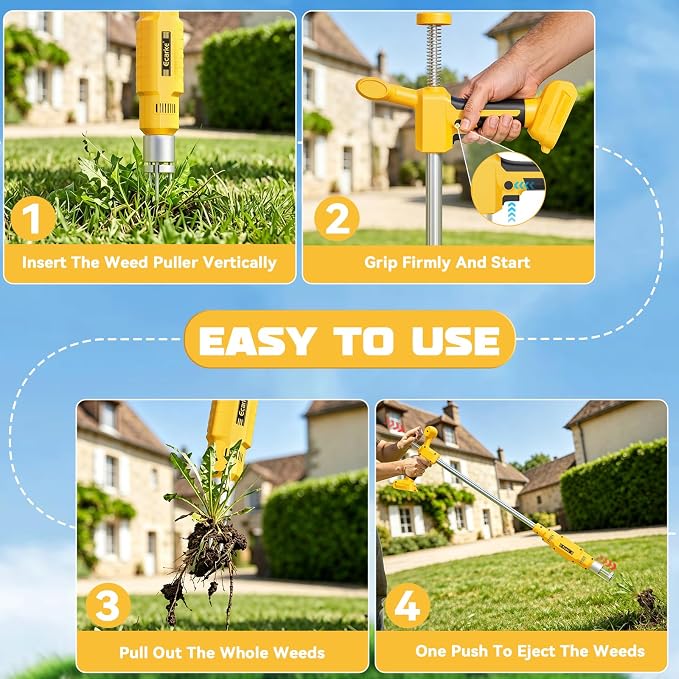Ecarke Brushless Electric Weed Puller, Compatible with DeWalt 20V Battery, 40" Long Handle Stand Up Weeder with Spring Eject & 3-Claw Steel Head, Dandelion Lawn Garden Tool (Tool Only)