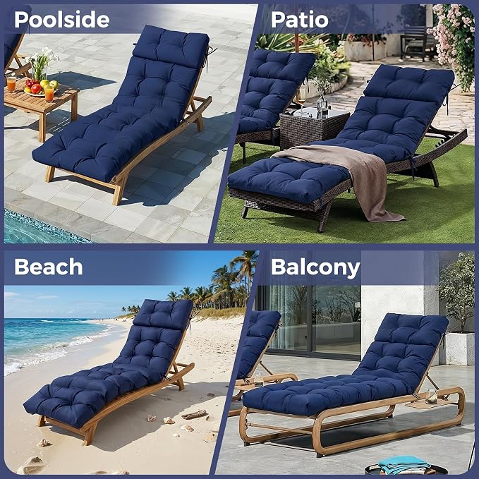 Outdoor Chaise Lounge Cushions 75.1x22.8x4.7 Inch, Waterproof Lounge Chair Cushions for Pool, Patio, Deck, Lawn, Fade Resistant Lounge Cushions for Outdoor Furniture, Navy Blue, Set of 2