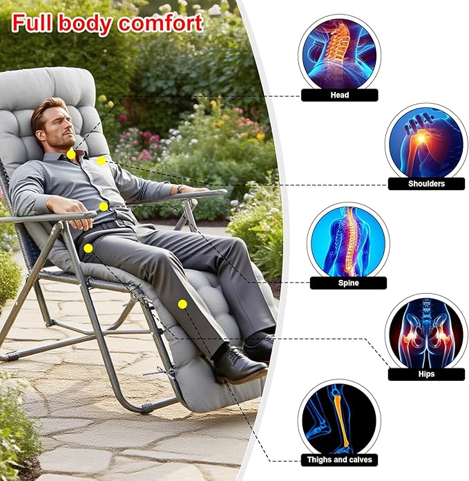 ERWUDEling Lounge Chair Cushion 67 x 19 Inch, Outdoor Chaise Lounge Cushion 4" Thick Waterproof Replacement Cushion for Patio Furniture, Zero Gravity Chair Pad with Ties, Non-Slip, Washable (Gray)
