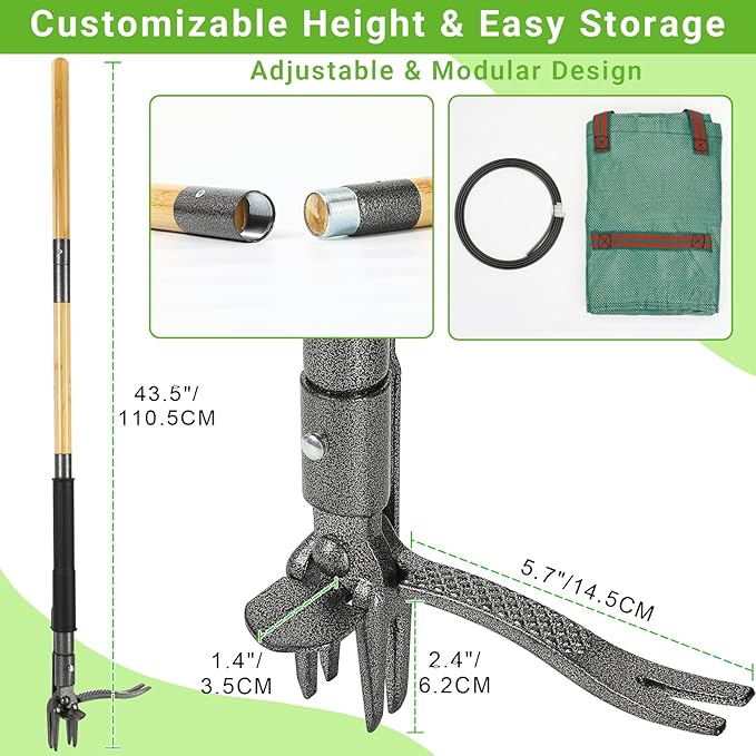 Weed Puller Tool, Heavy Duty Gardening Hand Tools with 4-Claw Steel Head & Dual-Eject Mechanism, 43.5" Bamboo Long Handle Stand Up Weeding Tool for Lawn Yard, Includes 16 Gallon Leaf Bag
