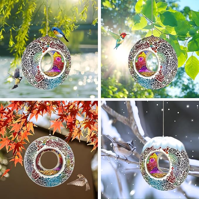 Hanging Bird Feeders for Outdoor Glass Mosaic Fly Through Wild Bird Feeder Round Shape Birdfeeder for Outside Garden Yard Patio Decoration Multicolor