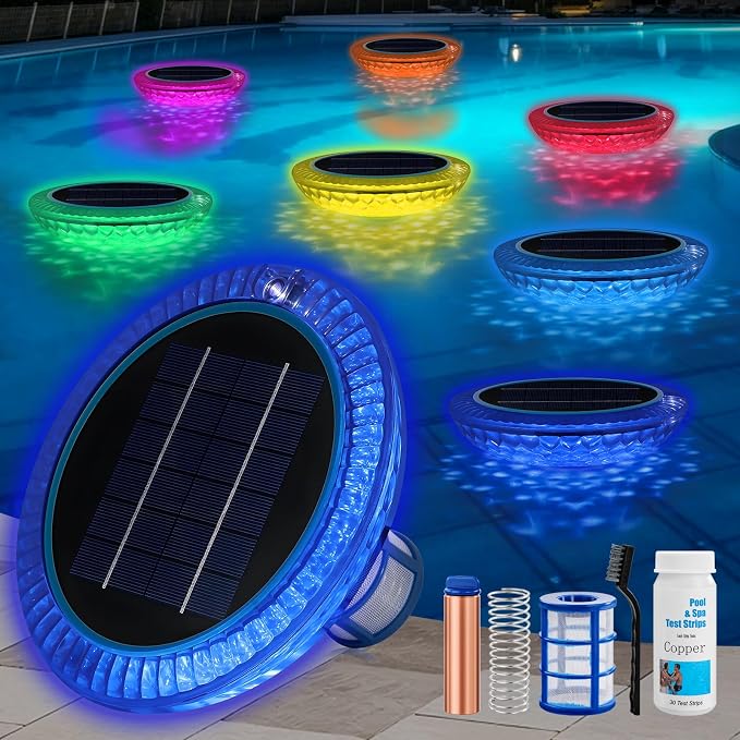 Pool Ionizer Solar with LED Light Plus,Copper Ionization,Floating Automatic Water Cleaner and Purifier,Up to 45,000 Gal,85% Less Chlorine,Chlorine Free Water