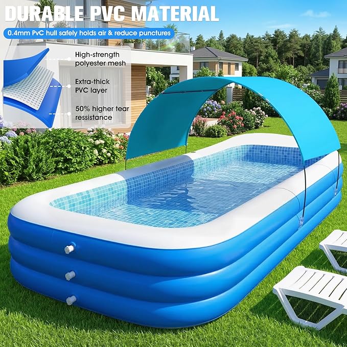 2026 Inflatable Pool with Canopy,Upgraded Blow Up Pool for Adults&Kids,Large Inflatable Pool with Seat and Big Backrest,Kiddie Pool with Shade,Kid Swimming Pool for Backyard 110"x63"x20"Cyan