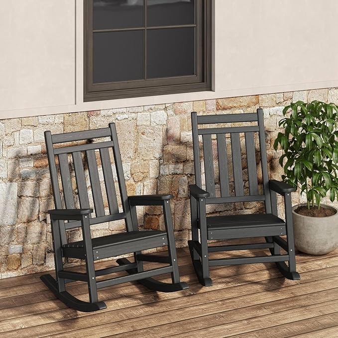 GarveeLife Rocking Chair Outdoor Set of 2 - HDPE Poly High Back Porch Rocker Chairs for Adults - All Weather Resistant Furniture for Patio Front Porch - Black