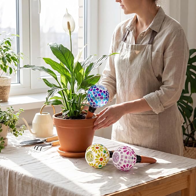 Frienda 3 Pack Mosaic Self Watering Spikes Plant Watering Globes Slow Release Vacation Insert Automatic Plant Waterer Device for Indoor Outdoor Automatic Waterer