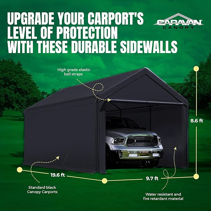 Caravan Canopy Car Tent Sidewalls for Carport, Garage & Shed, Domain, 10 x 20 Ft, Black (Roof and Canopy Not Included) - Portable Vehicle and Motorcycle Shelter - Large Outdoor Storage