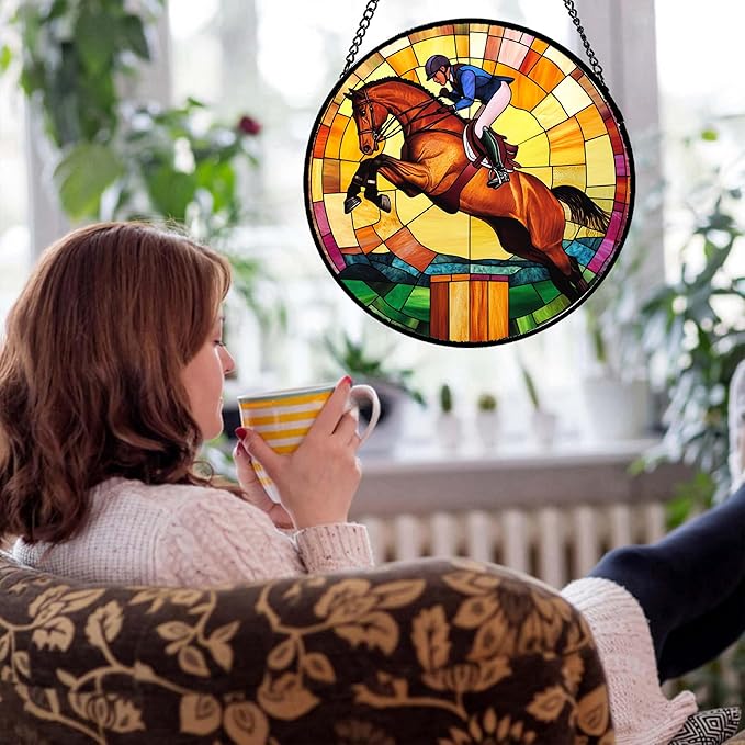 DASTOLL Stained Glass Window Hanging Equestrian Sports 9.8" - Horse Suncatcher Door Garden Sunroom Sun Catcher Home Decor Birthday Christmas for Mom Men Woman Nana