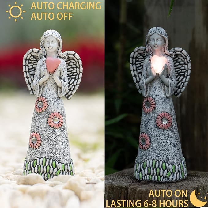 Rezpuao Solar Angel Statue - Garden Sculpture with Resin Decor for Patio, Lawn, Yard, Porch - Housewarming Gift, 10.03"
