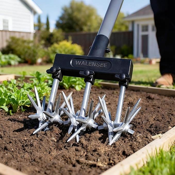 Walensee Rotary Cultivator Garden Tool, Adjustable Hand Tiller with Long Handle, Manual Soil Crusher for Breaking Up Clods, Seedbed Prep, Reseeding, Aerating Raised Beds, Garden, Yard & Lawn