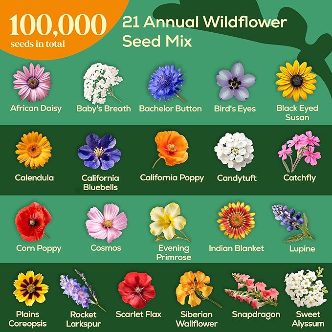 Seedphony 21 Annual Wildflower Mix 4 oz - 100,000 Non-GMO Heirloom Wildflower Seeds for Planting Garden, Wild Flowers in Waterproof Seed Packet, Wild Flowers to Attract Bees, Butterflies & Birds