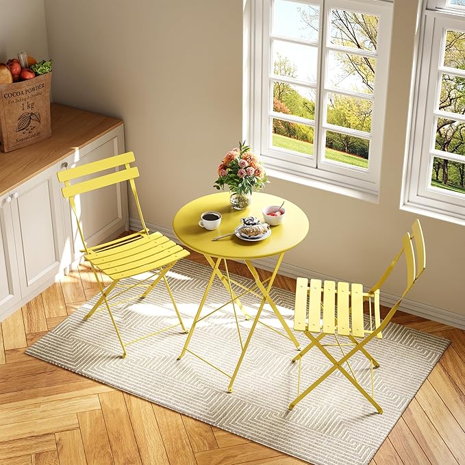 Bistro Table and Chairs Set of 2, 3 Piece Outdoor/Indoor Folding Patio Bistro Sets, 2 Chair Patio Furniture Set with Table, Premium Frame Foldable Coffee Tables for Balcony, Yard, Garden, Yellow