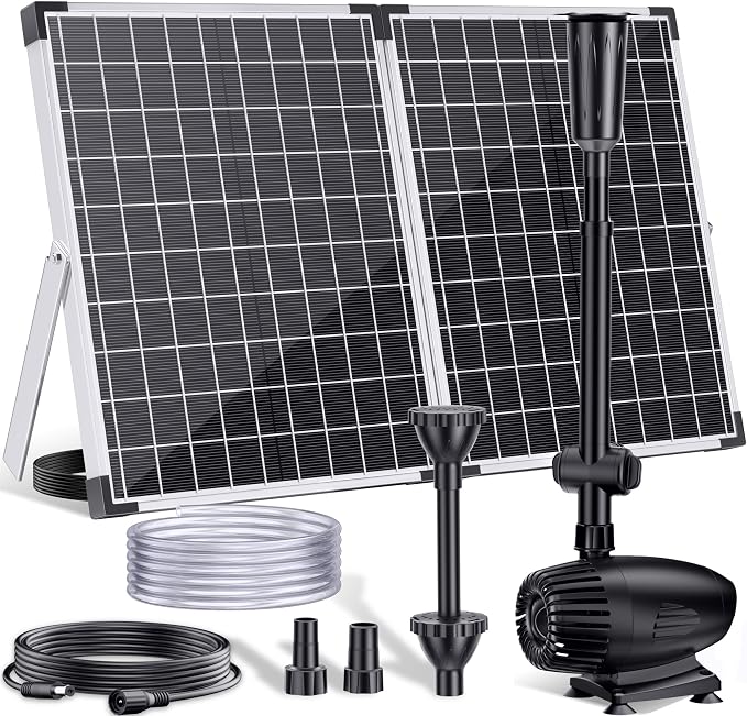 POPOSOAP 55W Solar Fountain Pump, 480GPH Solar Pond Pump with Dry-Run Protection, Solar Powered Water Pump with 17Ft Cord & 10Ft Extension Cable, PVC Tubing for Ponds, Garden, Waterfall, Hydroponics