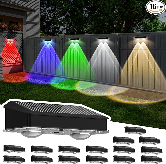 Solar Fence Lights Outdoor 16 Pack, Warm White & Cool White & 6 Colored+RGB Color Changing, High Bright LED Spot Lens Deck Lights Dusk to Dawn for Backyard Stair Railing Patio Wall, IP65 Waterproof