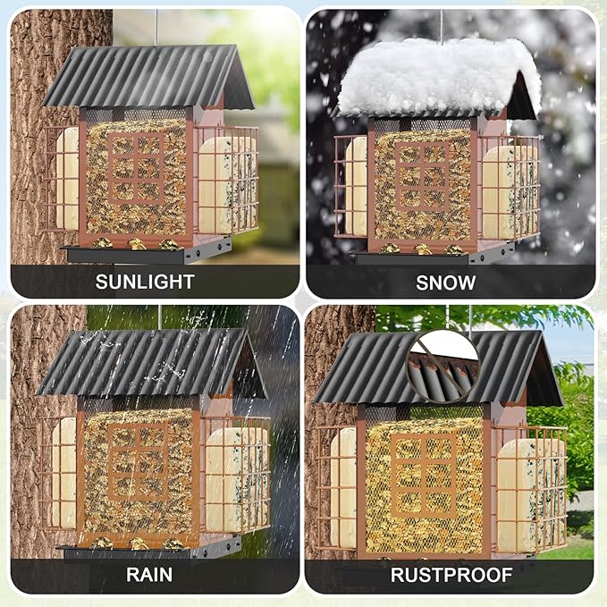 FlowaFoli Bird Feeders for Outdoors Hanging, Metal Bird Feeder with Double Suet Cage Cake, Large Capacity, Birdfeeders Sturdy & Weatherproof, Easy to Clean & Refill, Great for Attracting Wild Birds