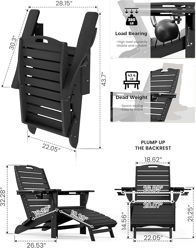 Ciokea Folding Adirondack Chair Set of 4 with Retractable Ottoman Fire Pit Patio Chair with Pull Out Foot Rest Weather Resistant Lawn Outdoor Chair with 2 Cup Holder (Black)