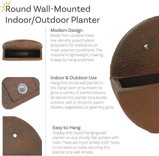 Sunnydaze 12" Round Wall Planter - Polyresin Wall-Hanging Flower Pot for Indoor or Outdoor Use - Dark Brown