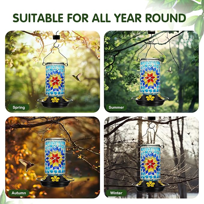 Glass Hummingbird Feeder, Blue Hummingbird Feeders for Outdoors Hanging, 19 Ounces, Mosaic Flower Bottle Easy to Clean, 5 Feeding Ports, Ant Moat Included