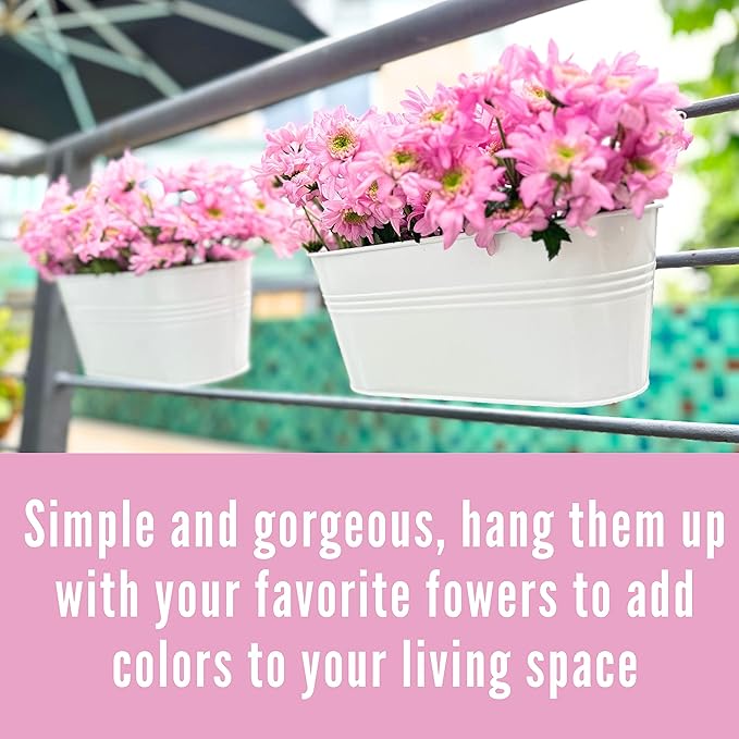 LaLaGreen Outdoor Plants Rail Planter (11.2 Inch, 5 Pack) White Metal Iron Hanging Flower Pots Deck Railings Fence Balcony Modern Boho Style Wall Mount Window Box Plant Holder Hooks Porch Home Décor