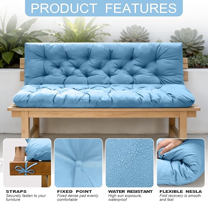 Outdoor Swing Cushions, 3 Seat Porch Swing Cushion Replacement with Backrest, Swing Cushions for Outdoor Furniture, for Patio,Backyard,Porch Garden Bench Cushion (Sky Blue 60 * 40 in)
