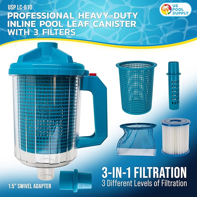 U.S. Pool Supply Pool Leaf Canister - Heavy Duty Inline Pool Leaf Catcher, 3-in-1 Filtration (3 Filters, Basket, Mesh Bag & Micro-Cartridge) - Fits 1.5" Hoses, Catch Leaves, Inground Vacuum Cleaner