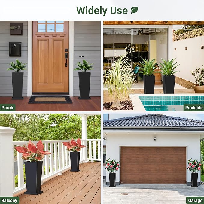 Metal Tall Outdoor Planters Set of 2, 20 inch Durable Tall Planters with Rust-Proof Coating & Drainage Insert Shelve & Trays, Black Outdoor Planters for Porch, Garden, Patio, Yard