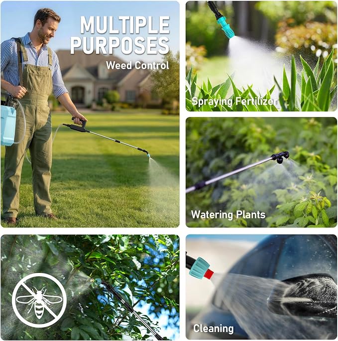 Weed Sprayer 2 Gallon, 7.4V Battery Powered Sprayer, Weed Killer Sprayers with 5 Mist Nozzles,Rechargeable Handle,Retractable Wand and Adjustable Strap for Garden, Yard,Lawn (Blue)