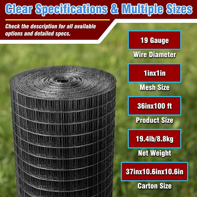 Black Hardware Cloth 1inx36inx100ft, 17GA, Chicken Wire Fencing Roll, Black Chicken Wire Mesh, Vinyl PVC Coated Welded Wire Mesh for Chicken Coop Barrier, Rabbit Snake Poultry Fences