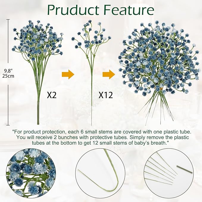 DILATATA Baby's Breath Artificial Flowers Bulk 12 pcs Faux Baby Breath Plastic Flower Fake Gypsophila Flower Arrangement for Crafts Fake Flowers Bouquet for Wedding Centerpieces Blue Baby Breath