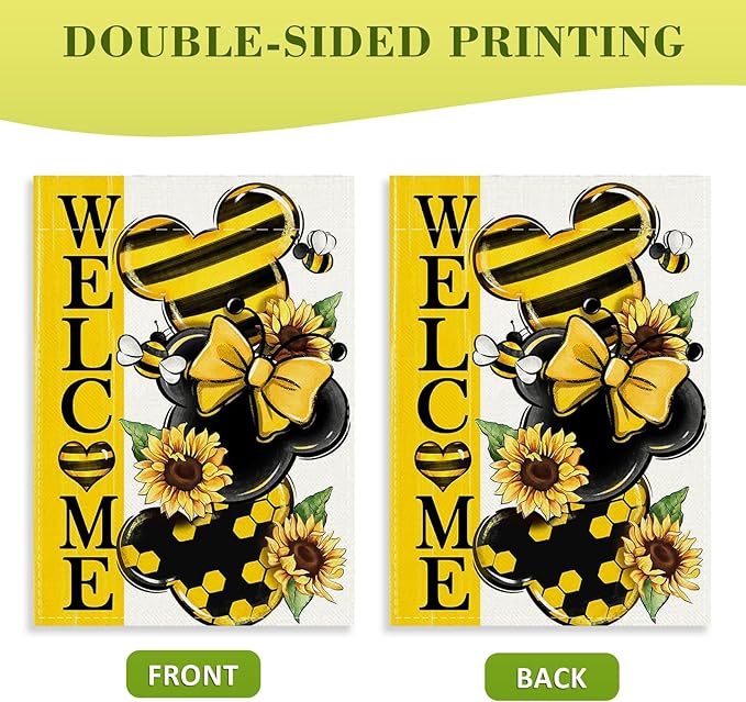 Welcome Spring Decorative House Flag, Yellow Sunflower Honey Bumble Bee Garden Yard Outside Decorations, Seasonal Burlap Outdoor Large Home Decor Double Sided 28 x 40