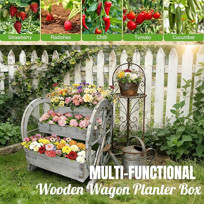 3 Tier Large Wooden Wagon Planter Box|Outdoor Planter/Flower Pot for Indoor&Outdoor Plants-Rustic Garden Planter for Patio,Porch&Garden Decor-Raised Garden Bed for Succulents,Herbs,Vegetables