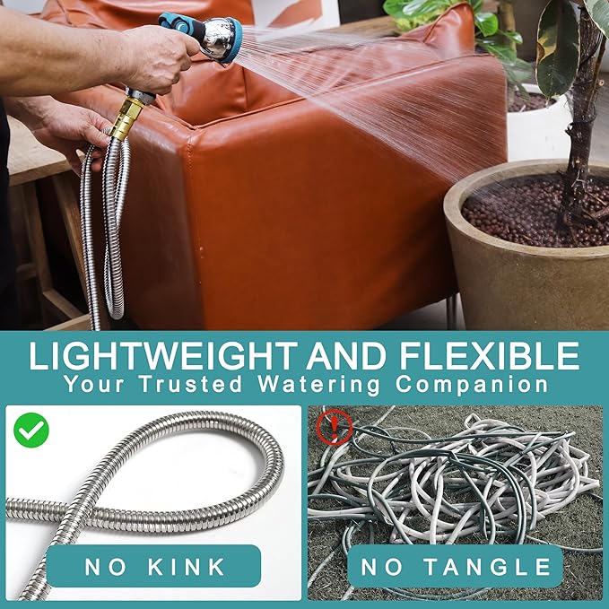 25FT Garden Hose, Stainless Steel Water Hose Flexible with a 10-Mode Nozzle Sprayer, No Kink, Lightweight, Puncture Proof, Ideal for Indoor & Outdoor Light Use, 5/8'' Outside Diameter